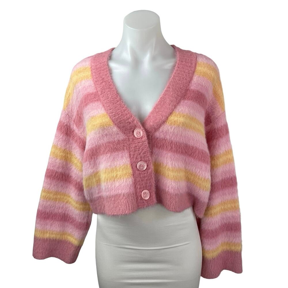 L Space Pink Yellow Striped Long Sleeve Cropped Button Up Cardigan Sweater XS